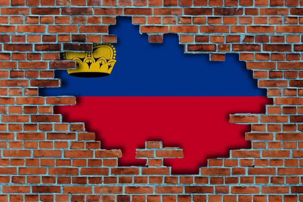 Flagge Von Liechtenstein Hinter Dem Zerbrochenen Alten Steinmauer Hintergrund — Stockfoto
