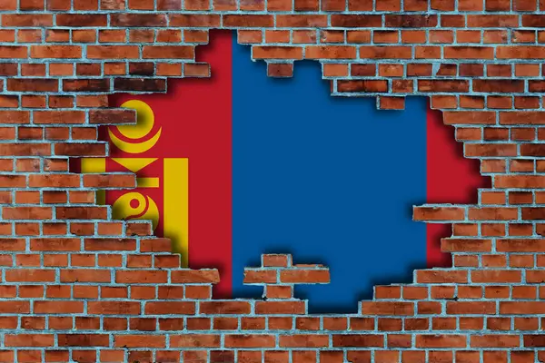 Flagge Der Mongolei Hinter Dem Gebrochenen Alten Steinmauer Hintergrund — Stockfoto