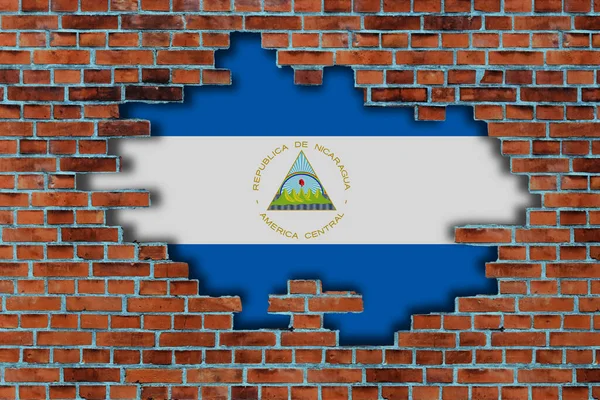 Vlag Van Nicaragua Achter Gebroken Oude Stenen Muur Achtergrond — Stockfoto