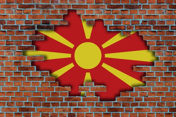 Zászló Észak Macedónia Mögött Törött Régi Fal Háttér — Stock Fotó