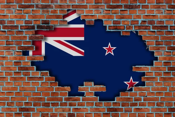 纽西兰国旗在破碎的旧石墙后面 — 图库照片