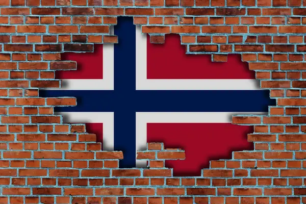 Bandera Noruega Detrás Del Viejo Fondo Roto Pared Piedra — Foto de Stock