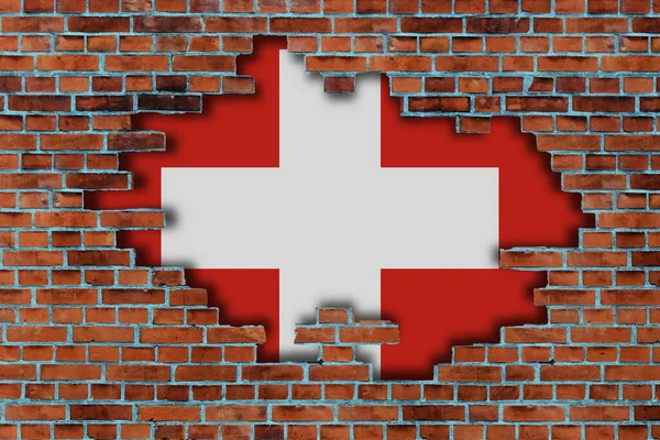Flagga Schweiz Bakom Den Trasiga Gamla Stenmuren Bakgrund — Stockfoto