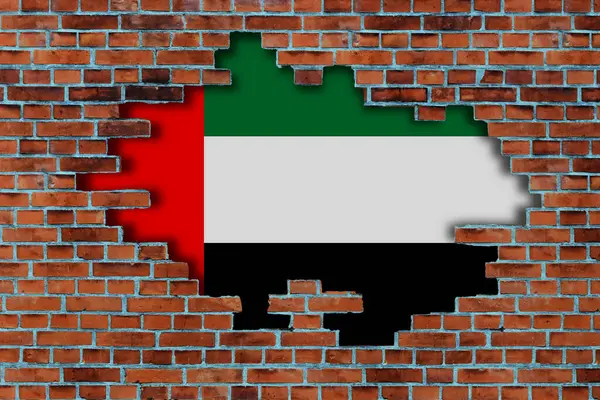 在破碎的旧石墙背景后面挂着阿拉伯联合酋长国的3D国旗 — 图库照片