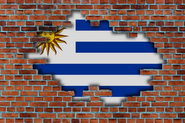 Boyutlu Uruguay Bayrağı Kırık Eski Taş Duvarın Arkasında — Stok fotoğraf