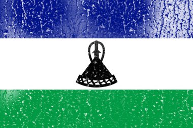 Üç boyutlu Lesotho Bayrağı su damlası arkaplanlı bir bardakta.