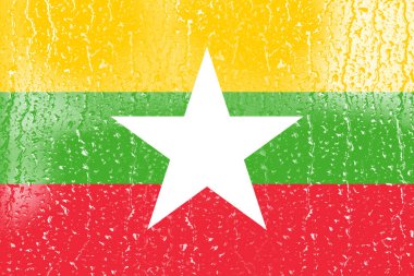 Myanmar 'ın 3 boyutlu bayrağı su damlası arkaplanlı bir bardakta.