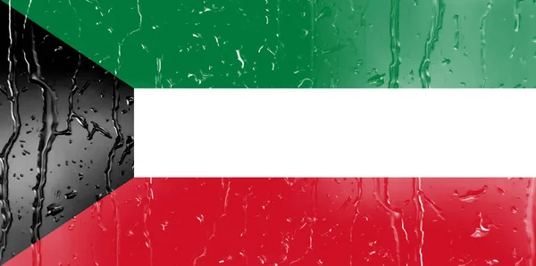 水滴背景玻璃上的三维科威特国旗 — 图库照片