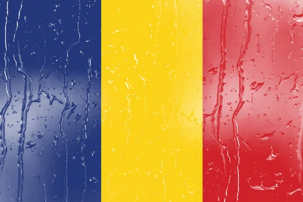 带水滴背景的玻璃杯上的罗马尼亚3D国旗 — 图库照片
