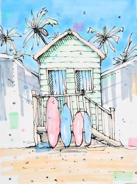Markers Sketch Surfing House Boards Malibu Beach —  Fotos de Stock