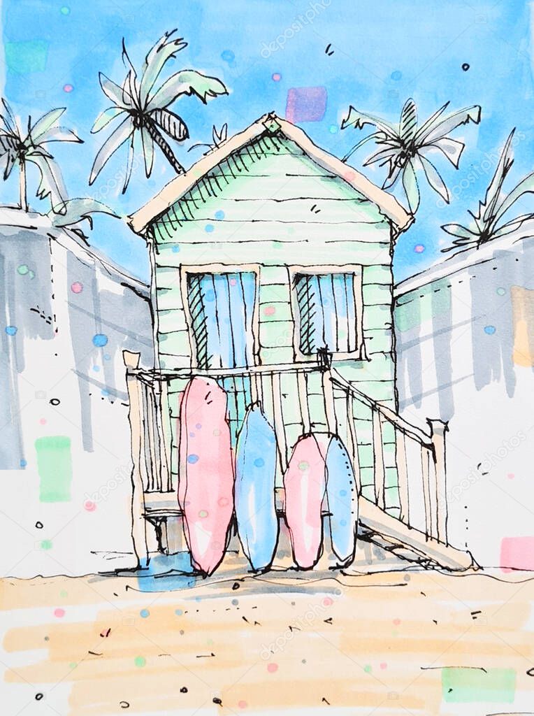 Markers sketch of surfing house with boards in Malibu beach