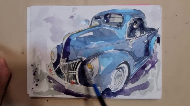 Video Drawing Blue Car Black White Pens Watercolors — Stock Video