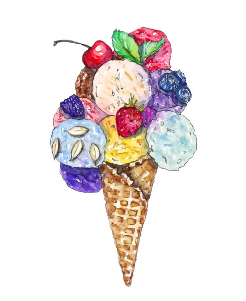 Barevné Markery Kresba Zmrzlinového Kódu Bobulemi Ořechy Mátovými Listy Vektor — Stockový vektor