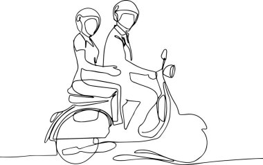 Scooter süren sevimli bir çift. Pembe arka plan renginde romantik bir tema.