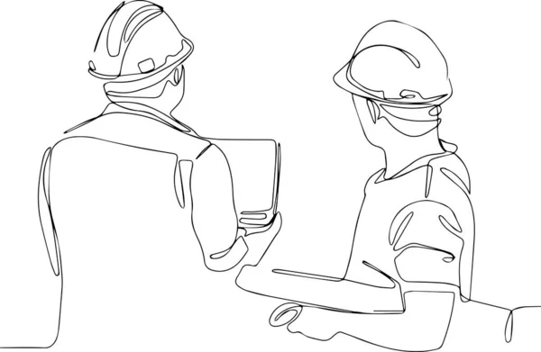 기술자가 태블릿으로 검사하면서 유니폼 헬멧을 착용하고 그림을 그렸다 개념입니다 일러스트 — 스톡 벡터