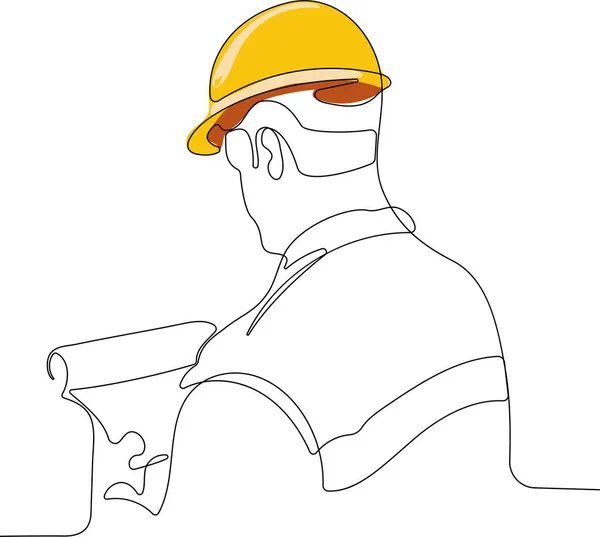 工业维修工程师穿着制服和安全帽的连续单行图纸正在被平板检查 最基本的概念 矢量说明 — 图库矢量图片