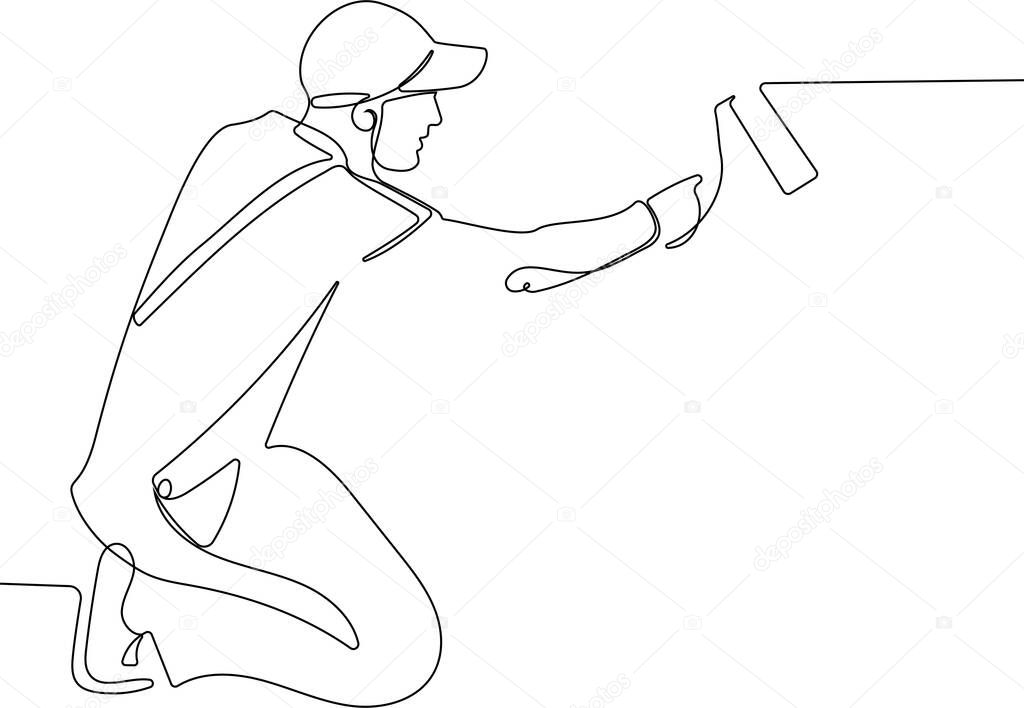 Continuous one line drawing of in ultra modern electronic manufacturing factory design engineer in sterile coverall holds. Vector illustration