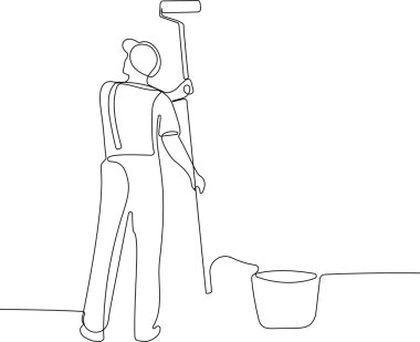 İnsan elinin kesintisiz bir çizimi boya kutusuyla boya fırçaları, yer boyası, metnin, afişin, ilanın ya da tasarım taslağın için boş bir alan tutar. Vektör illüstrasyonu