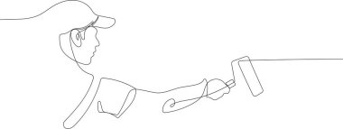 İnsan elinin kesintisiz bir çizimi boya kutusuyla boya fırçaları, yer boyası, metnin, afişin, ilanın ya da tasarım taslağın için boş bir alan tutar. Vektör illüstrasyonu