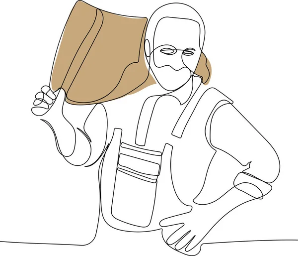 Desenho contínuo de uma linha de agricultor posando com sacos de serapilheira. — Vetor de Stock