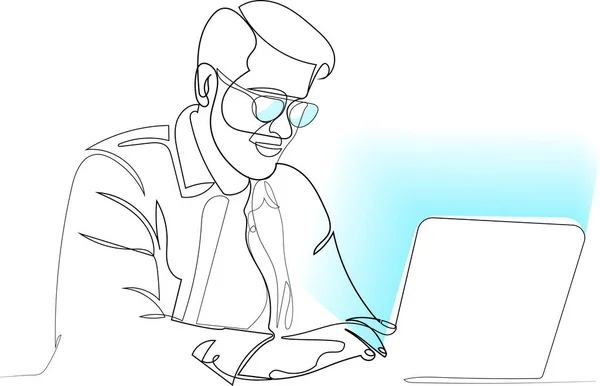 Hombre Negocios Concentrado Con Gafas Usando Ordenador Portátil Escribiendo Teclado — Archivo Imágenes Vectoriales