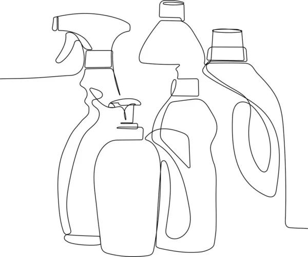 Ciągły rysunek linii zbiorczych butelek o różnym czyszczeniu zapewnia przyjazne czyszczenie. Koncepcja minimalna — Wektor stockowy