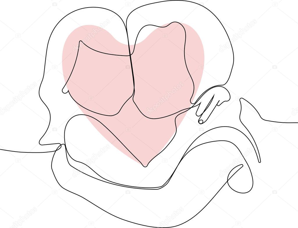 Happy mom and daughter show love and care in relations. Smiling young mother and small teen daughter rest at home hug and cuddle enjoy family weekend together. Vector illustration