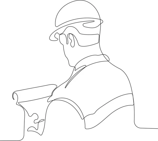 Dessin continu d'une ligne d'ingénieur portant uniforme et casque de sécurité — Image vectorielle