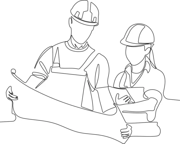 Continu een lijn tekening van ingenieur dragen uniform en veiligheidshelm — Stockvector
