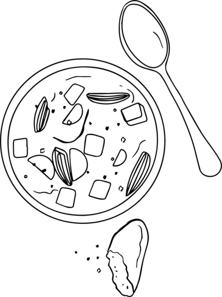 Soupe avec bœuf et légumes dans une assiette. Soupe traditionnelle de shurpa de viande aux légumes et aux herbes — Image vectorielle