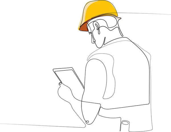 Continu een lijn tekening van ingenieur dragen uniform en veiligheidshelm — Stockvector