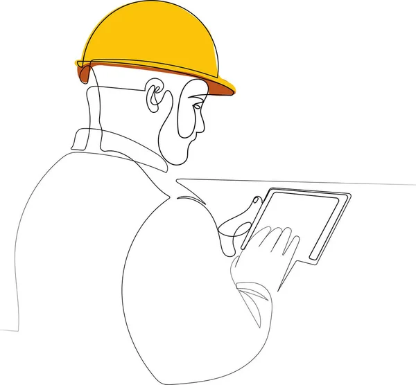 Folyamatos egy vonalas rajz mérnök visel egyenruha és biztonsági sisak — Stock Vector