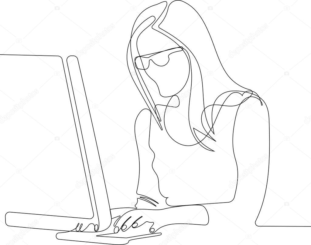 One single line drawing of young woman home office