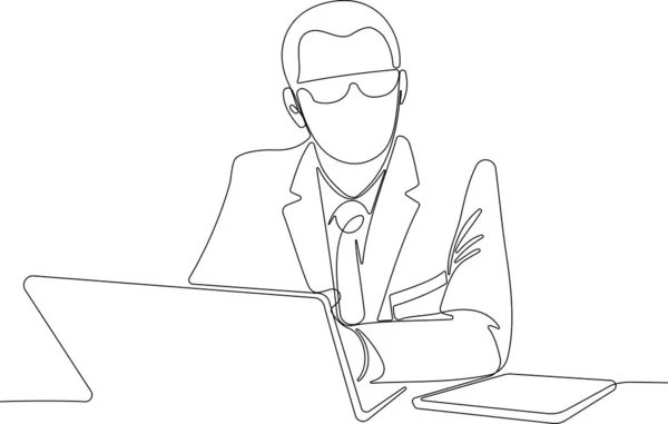 Uma única linha de desenho de homem em óculos home office —  Vetores de Stock