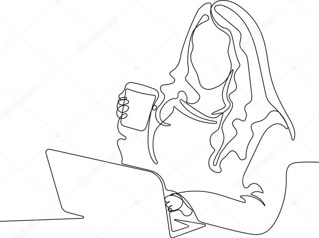 One single line drawing of young woman home office