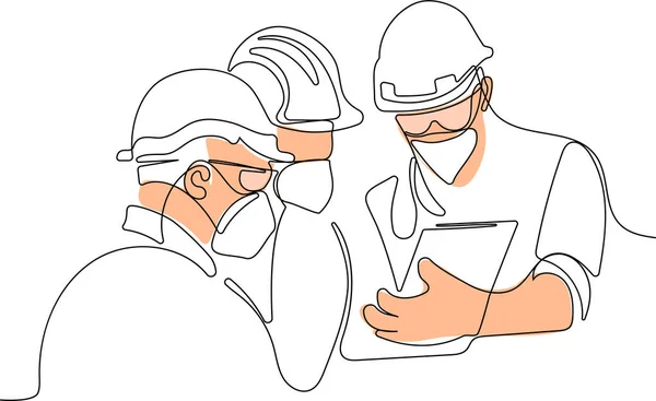 Continuous line drawing of a engineers with tablet — стоковый вектор