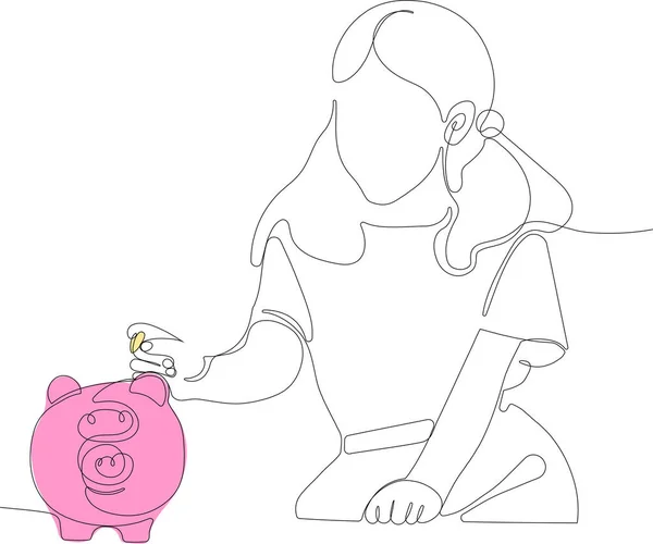 Teach child girl to save coin into a piggy-bank — Stock Vector