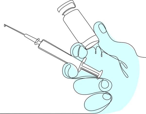 研究室 微生物学 医薬品研究 ヘルスケアにおける医学医師とワクチン用量インフルエンザ注射器の継続的なオンライン図面 — ストックベクタ