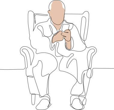 Continuous one line drawing of old man using a smartphone isolated on white background. Minimal outline concept. Vector illustration