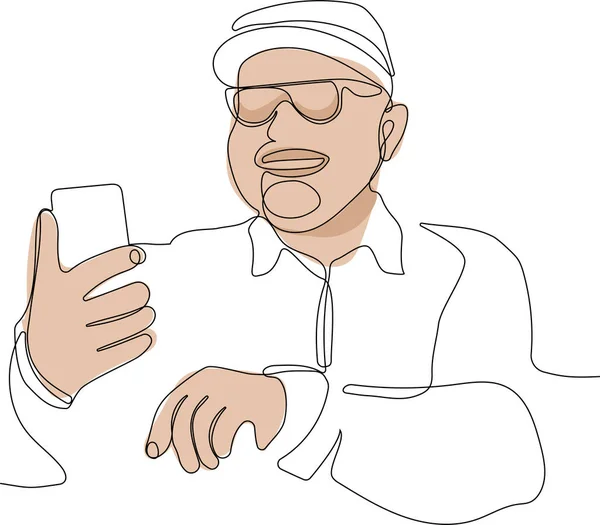Continuous One Line Drawing Old Man Using Smartphone Isolated White — Stock vektor