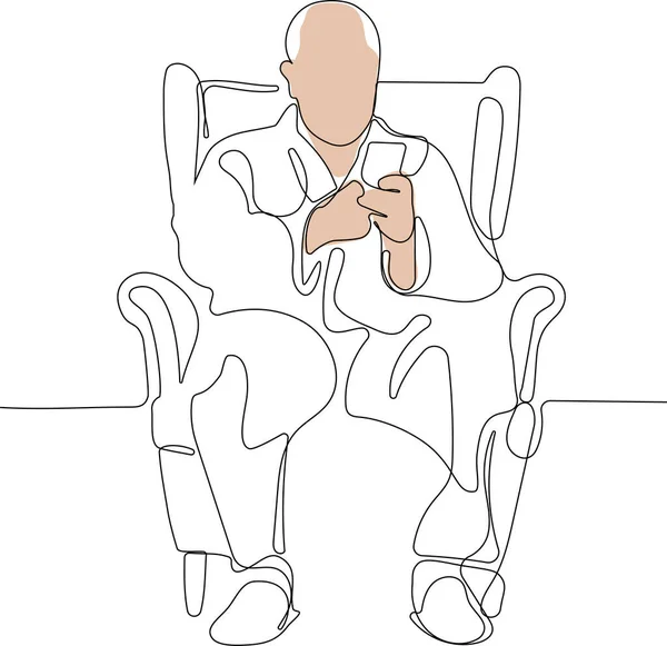 Continuous One Line Drawing Old Man Using Smartphone Isolated White — Vettoriale Stock