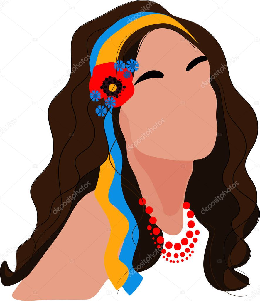 Girl wearing national costume. Ukrainian girl in traditional clothes in a wreath with blue and yellow ribbons on the blue background. Vector illustration. 