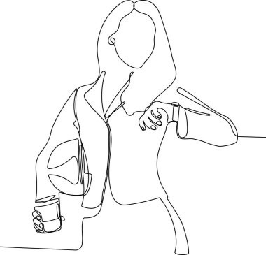 Outline continuous line drawing of Working space. Young female engineer with helmet and take away coffee. Vector illustration