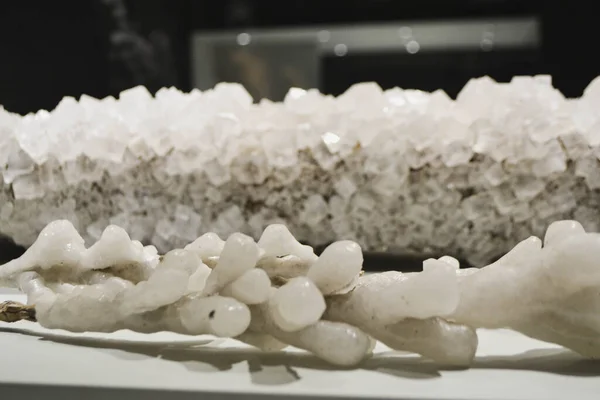 Salt crystals cluster. Salt crystals growth. Salt crystallization. Mine rock salt chunk