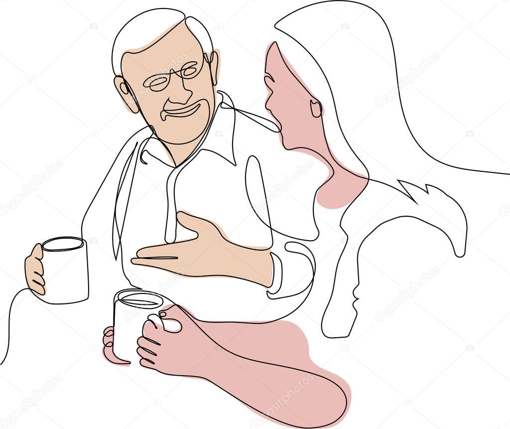 Old man and beautiful young girl are drinking tea