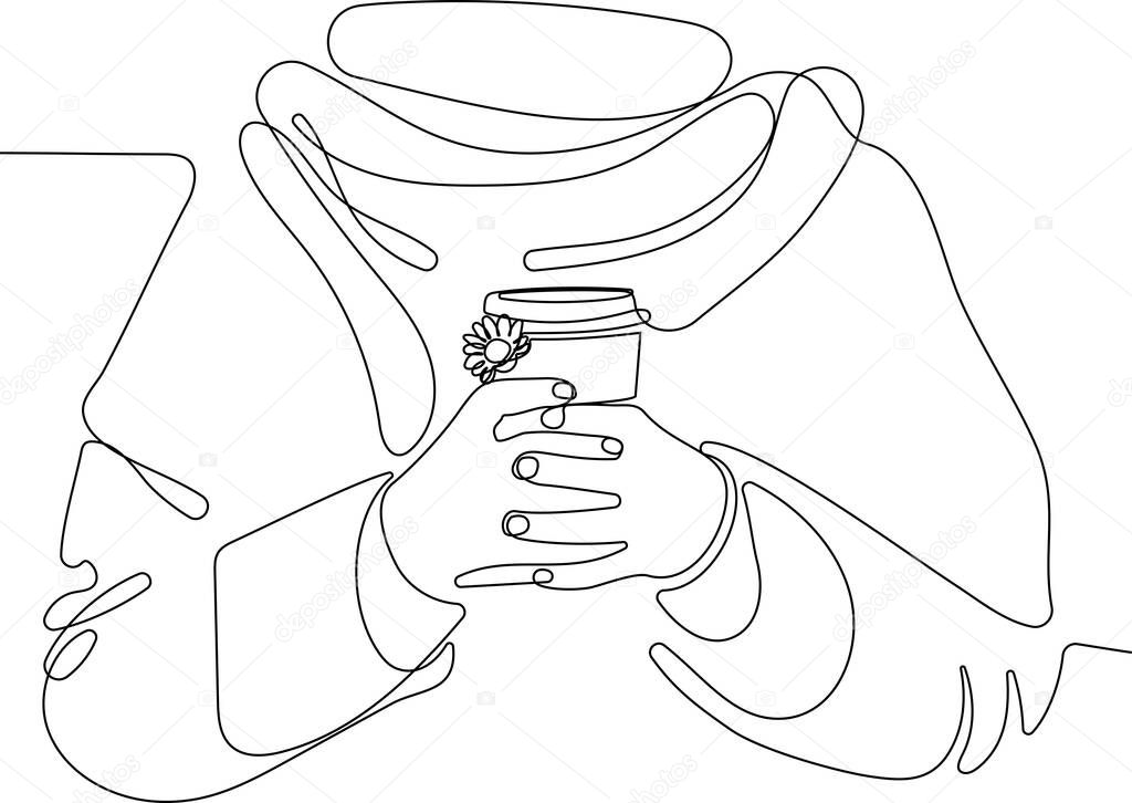 Coffee Business Concept-Female barista making coffee and serving a paper cup of hot coffee in cafe. Hand drawn in thin line style, vector illustrations. Vector illustration