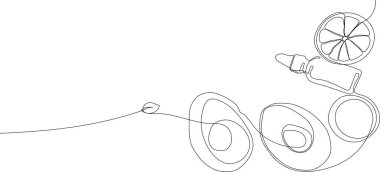 Yağlı, ballı, limonlu veya limonlu şişelerin sürekli çizimi ve doğal bitkisel cilt bakım ürünleriyle vücut bakımı, malzemelerin üst görünümü. Vektör illüstrasyonu