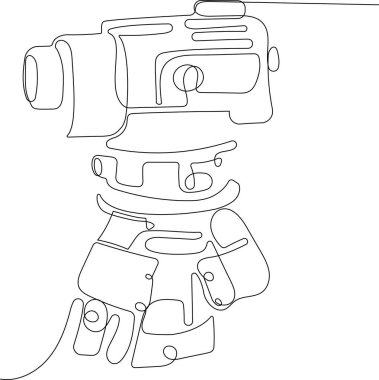 Tripod ikonu olan bir araştırmacı. Jeodezik üçayak. Doğrusal çizim. Vektör illüstrasyonu