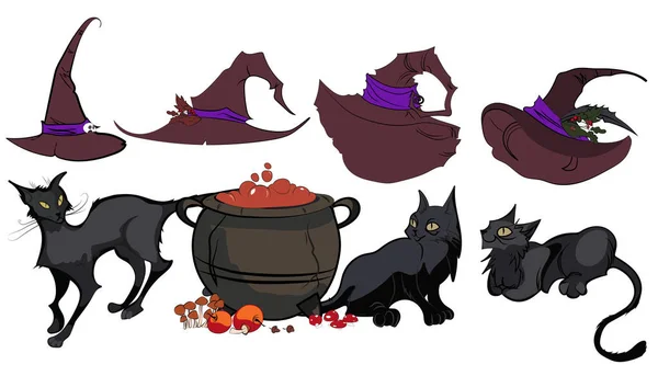 Aranyos Fekete Macskák Boszorkánykalapban Kísérteties Állatok Bíbor Fekete Boszorkány Sapkák — Stock Vector