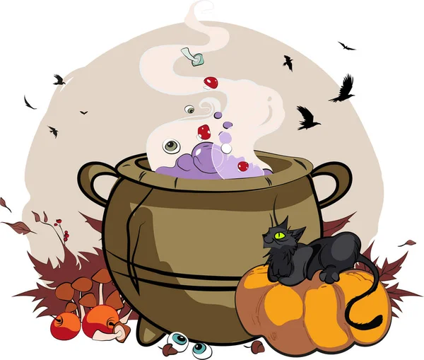 Plakát Stílusban Ünnep Minden Gonosz Halloween Rézedény Forró Vízzel Sapkával — Stock Vector